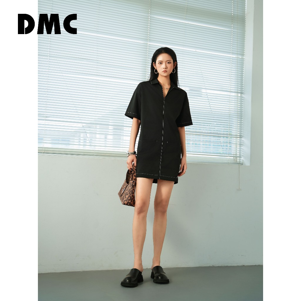 DMC เดรสคอปกเชิ้ตสีกากีสีดํา (มินิเดรสสีกากีดํา)