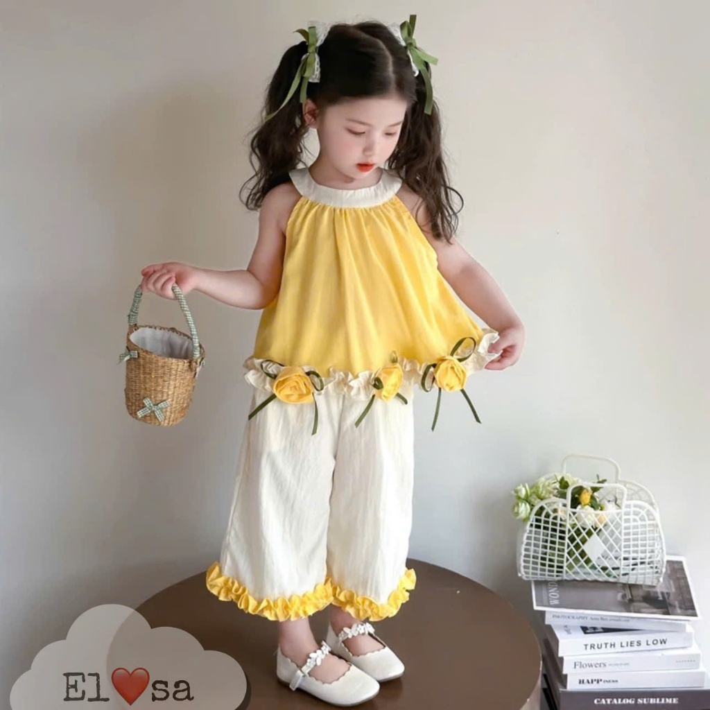 เสื้อผ้าเด็กผู้หญิง – สุดน่ารัก ROUND-NECKLACE FLOWERED SHIRT AND PANTS SET สําหรับเด็กผู้หญิง 1-8 ปี ราคา ถูกที่สุด ดีลบีเคเค แกลเลอรีภาพที่ 4