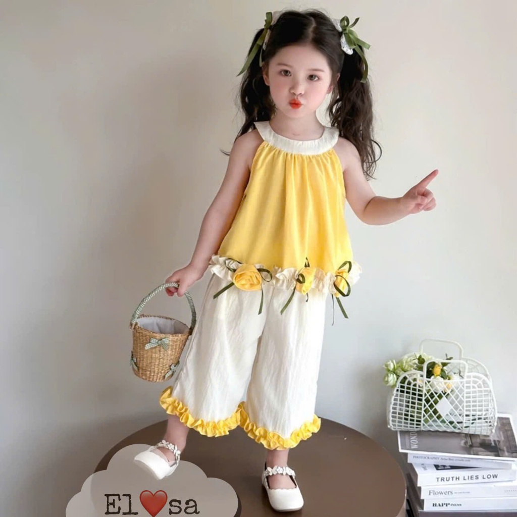 เสื้อผ้าเด็กผู้หญิง – สุดน่ารัก ROUND-NECKLACE FLOWERED SHIRT AND PANTS SET สําหรับเด็กผู้หญิง 1-8 ปี ราคา ถูกที่สุด ดีลบีเคเค รูปภาพหลัก