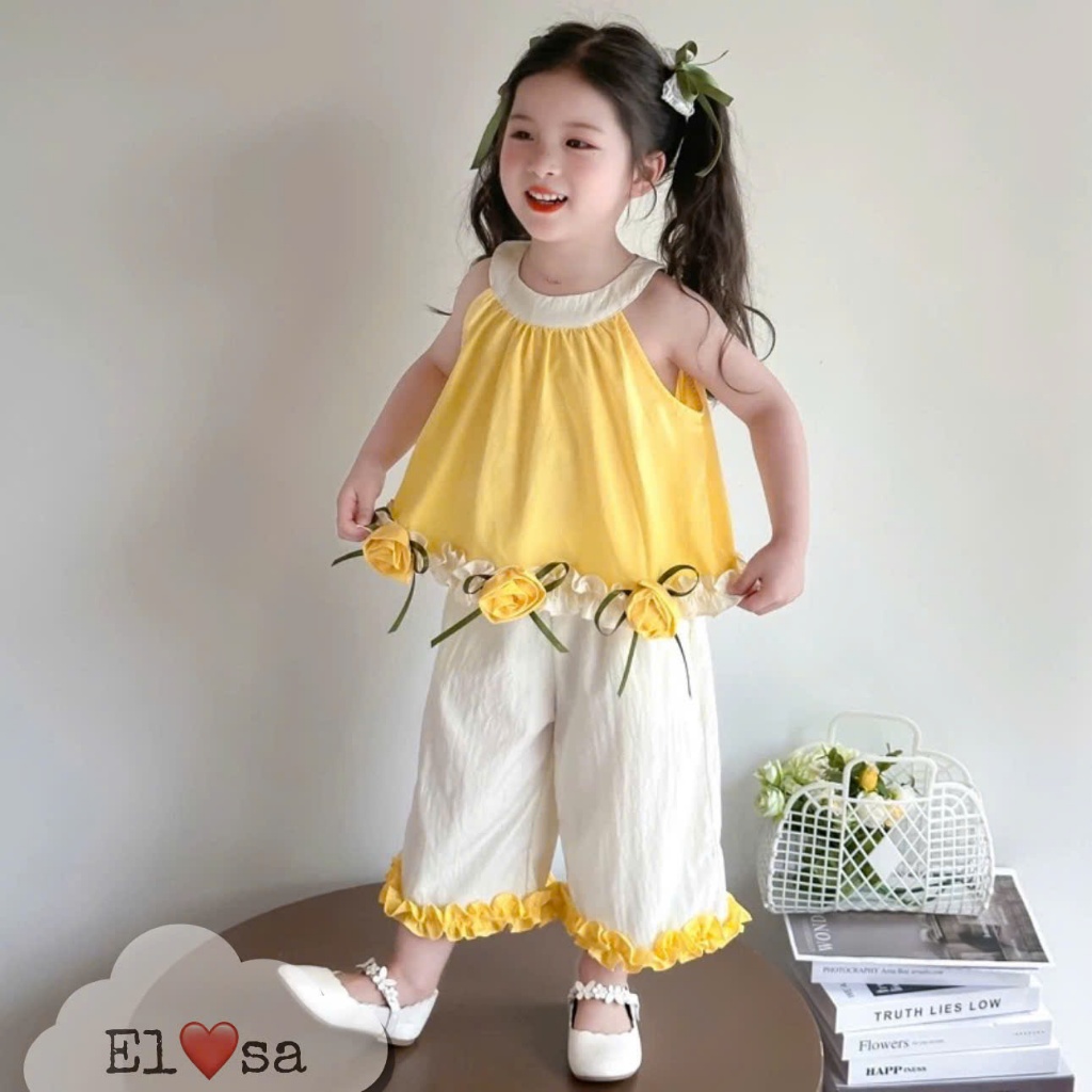 เสื้อผ้าเด็กผู้หญิง – สุดน่ารัก ROUND-NECKLACE FLOWERED SHIRT AND PANTS SET สําหรับเด็กผู้หญิง 1-8 ปี ราคา ถูกที่สุด ดีลบีเคเค แกลเลอรีภาพที่ 3