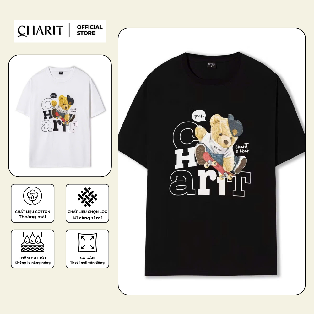 เสื้อยืด Unisex สําหรับผู้ชายและผู้หญิง พิมพ์ลาย CHARIT BEAR SKATEBOARD ผ้าคอตตอน 100% - BOONE - BNE