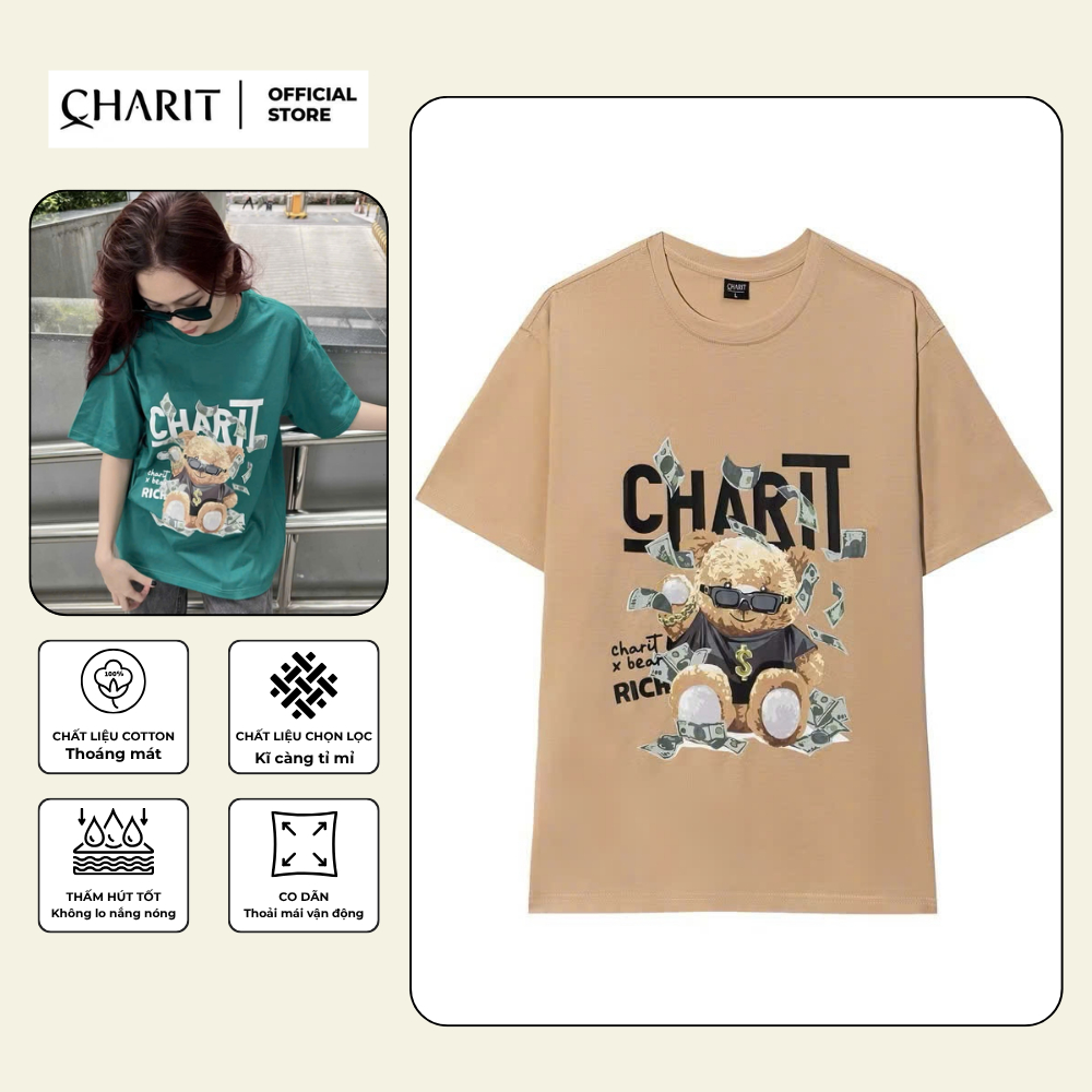 เสื้อยืด Unisex สําหรับผู้ชายและผู้หญิง พิมพ์ลาย RICH BEAR ผ้าคอตตอน 100% - BOONE - BNE00258