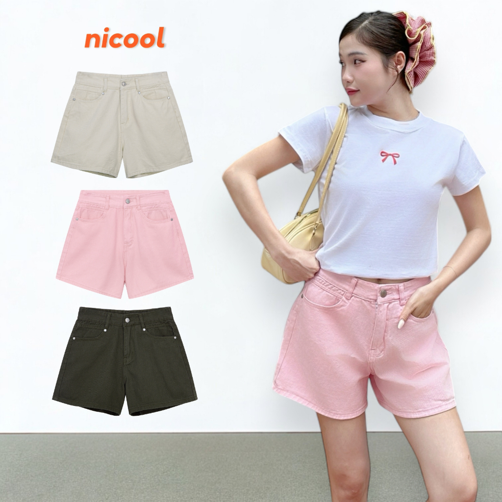 NICOOL Basic ผู้หญิง Jean กางเกงขาสั้นขากว้างสีกากี Jean กางเกงขาสั้นผู้หญิงสูงเอวสั้นรูปแบบ N41-D7