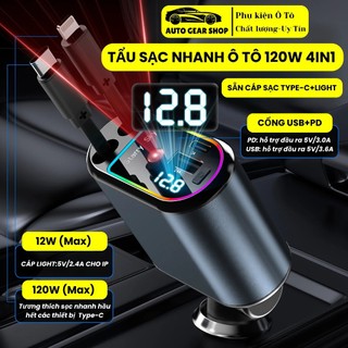 Tẩu Sạc Nhanh Ô Tô 120W Có Dây Rút Type-C+Light Bóng Đèn Chiếu Sáng 5 In 1, Tẩu Sạc Nhanh USB+C Sạc Điện Thoại, Máy Tính