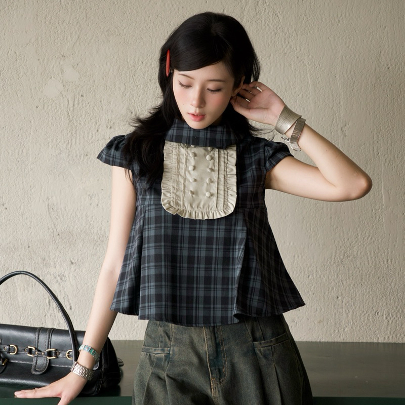 เสื้อลายตาราง Leya | Mania Cutie เสื้อเชิ้ตลายตารางหมากรุกคอปก tuxedo ถอดออกได้