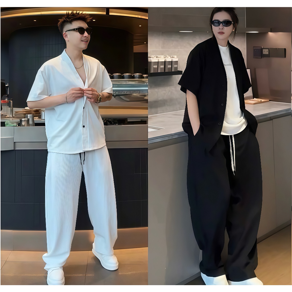COMBO 1 LONG PANTS 1 SLEEVED SHIRT สําหรับผู้ชายและผู้หญิง ดีไซน์ปกเกาหลีซี่โครง ผ้าคอตตอนสไตล์วัยรุ
