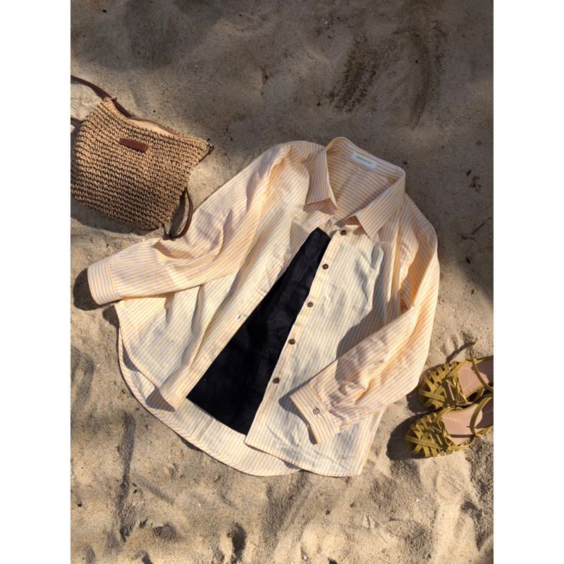 FREESIZE NGUYEN CREAM LINEN YELLOW STRIPED LINEN SHIRT