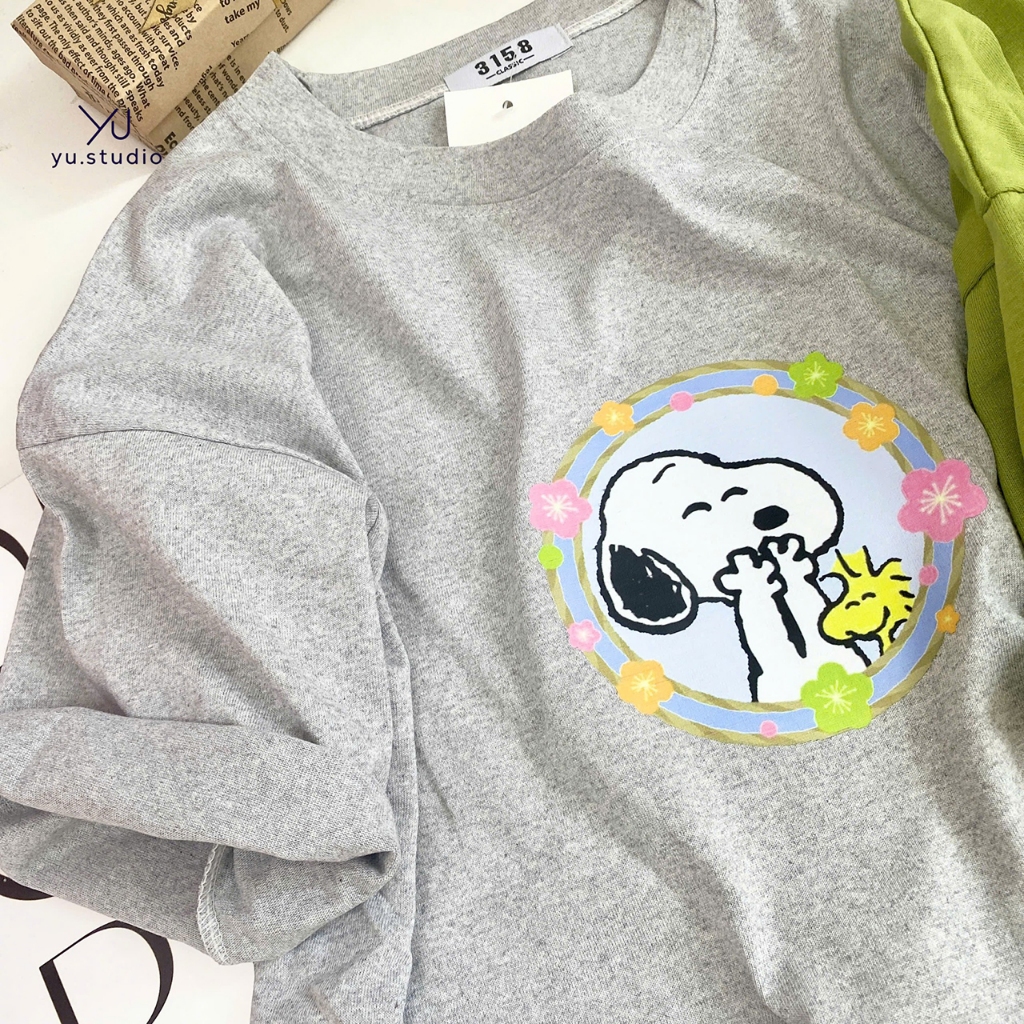 YUSTUDIO 3158 เสื้อยืดผู้หญิงผ้าฝ้ายแห้ง, Snooppy ฤดูร้อนเสื้อยืดผู้หญิงแขนหลวม