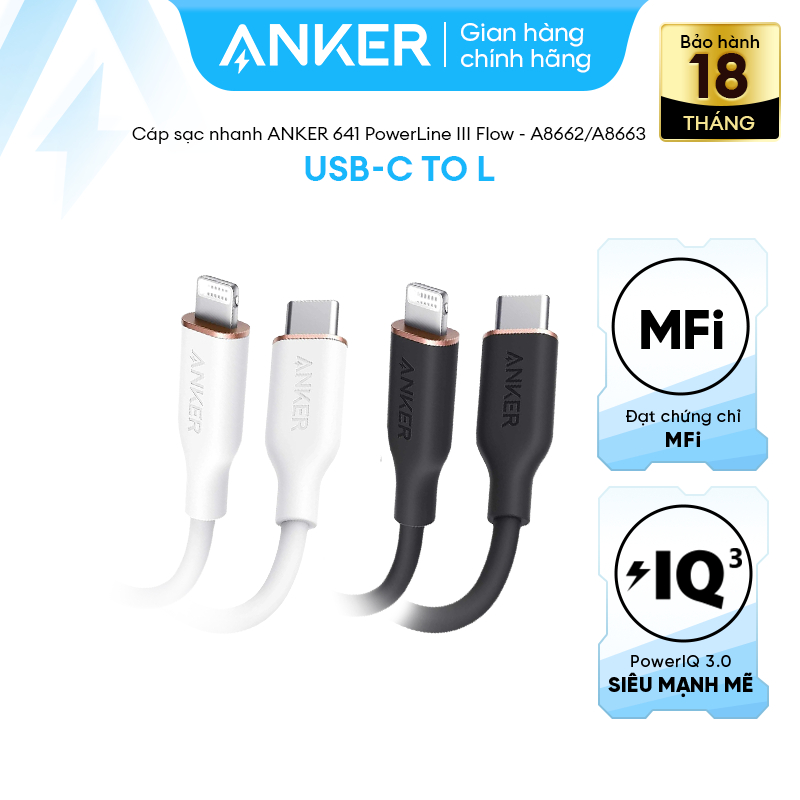 ANKER 641 PowerLine III Flow USB-C to L Fast สายชาร์จ - พบกับ MFi - วัสดุซิลิโคน - สําหรับ iPhone 8-