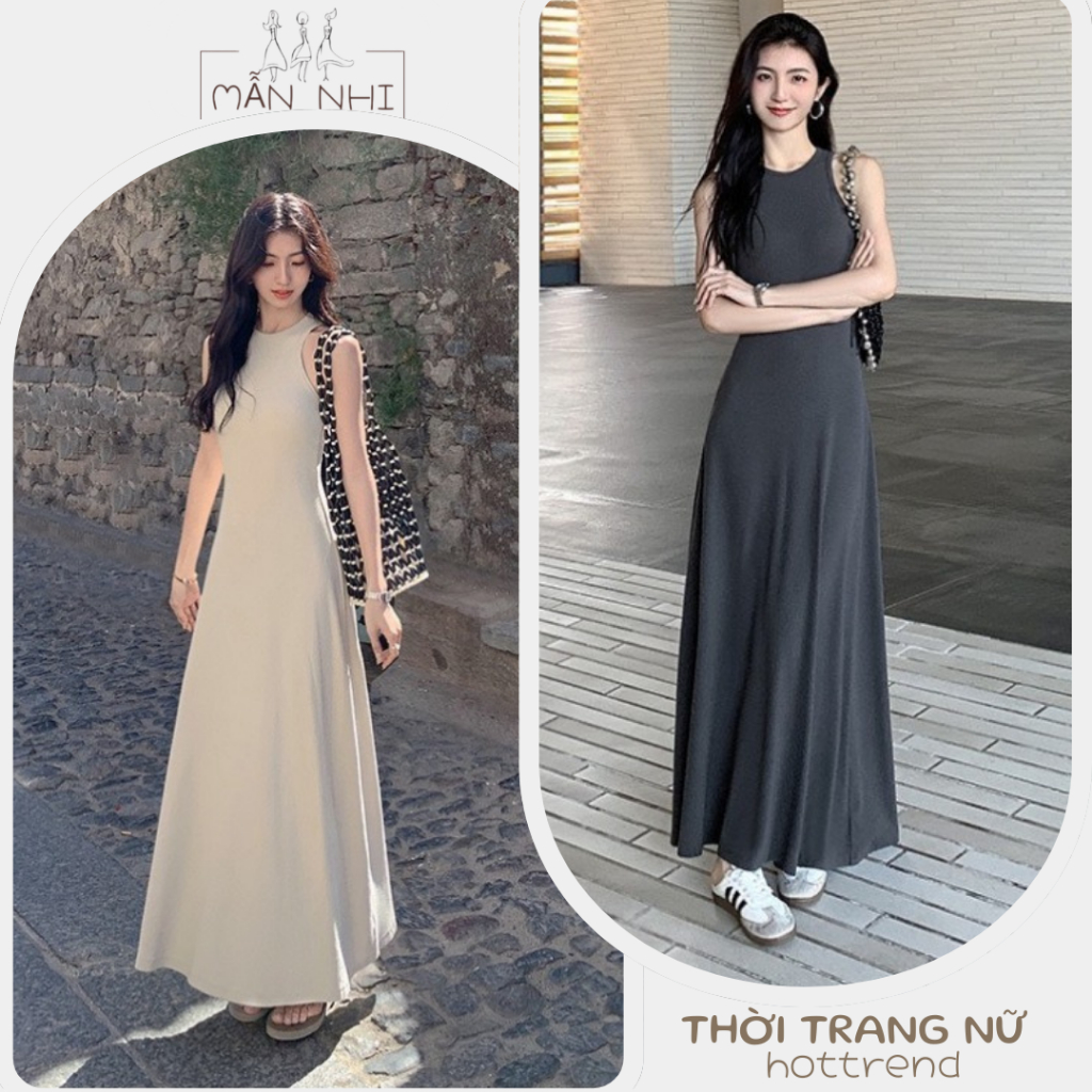 ชุดเดรสยาวผู้หญิงยางยืดคอกลมเข้ารูปแขนกุด3สีใส่ไปเที่ยวสวยๆหรือไปทํางานง1662 แมนนี