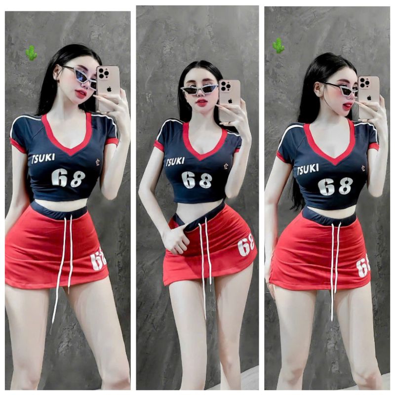 ผู้หญิง ชุดเสื้อยืดครอปท็อปคอเต่า กระโปรงทรงเอ สไตล์สปอร์ต 1991x ร้านค้า