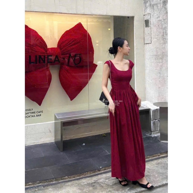 Shellie Dress - เดรส Midi คอกลม มีเชือกผูกเอว (รูปถ่ายเดิม)