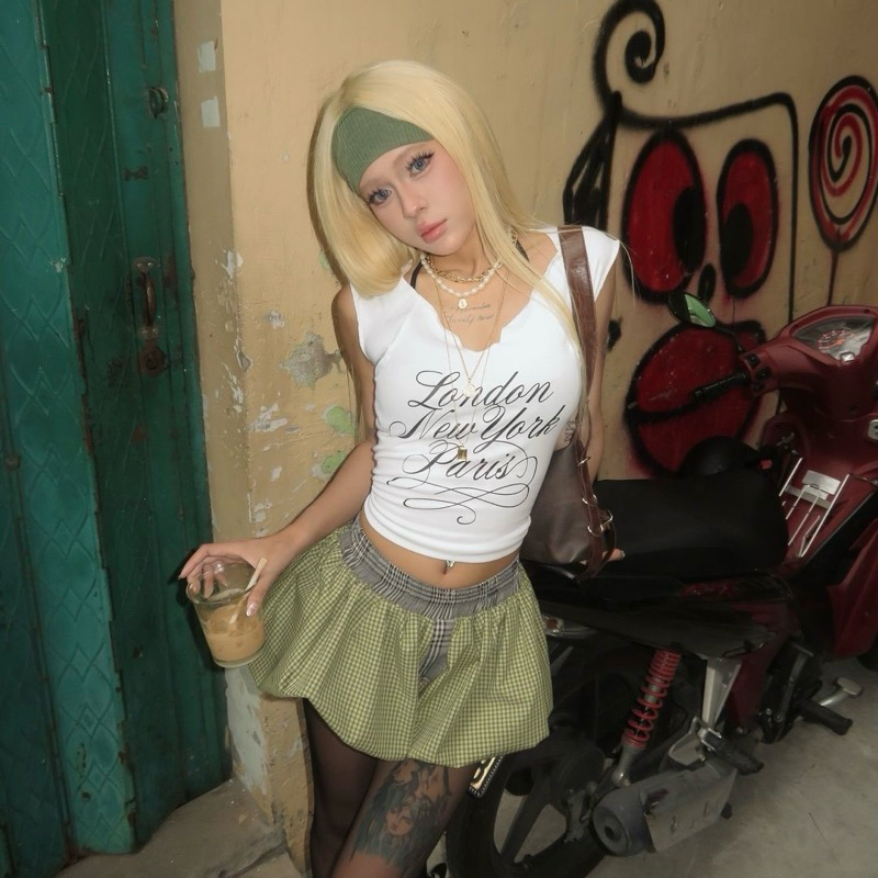 Lust Olive Striped Pants - เข็มขัดลายหมากรุกสีเทา ใส่สบายและเย็น