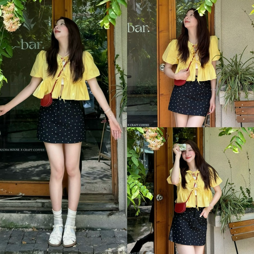 (COMES WITH A BRACELET) babydoll เสื้อครอปสั้น แขนพอง ผูกโบว์ Shees.clothing_Sg M209