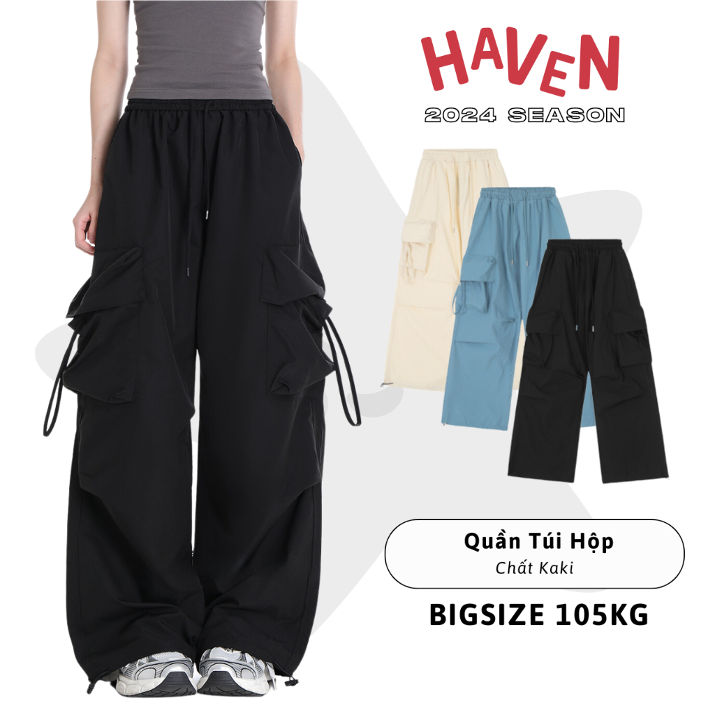 Haven Studio กางเกงคาร์โก้ขากว้าง สีกากีหลวมสําหรับผู้ชายและผู้หญิงมีเชือกผูก Cargo Pants สีดําและสี