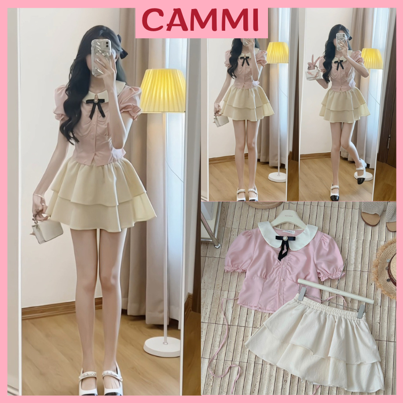 Dress Set รวมเสื้อสีชมพูมีโบว์เลดี้เหมือนกับกระโปรง 2 ชั้นสําหรับคุณผู้หญิง HB512