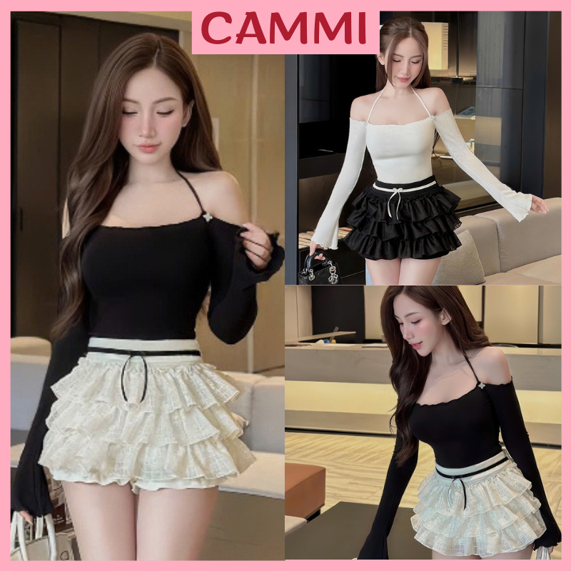 ชุดเสื้อเบลาส์เปิดไหล่แขนยาวคอปกสายเดี่ยวหมุดผูกเชือกมีหินผสมกระโปรงลูกไม้3ชั้นสุดหรู HB224