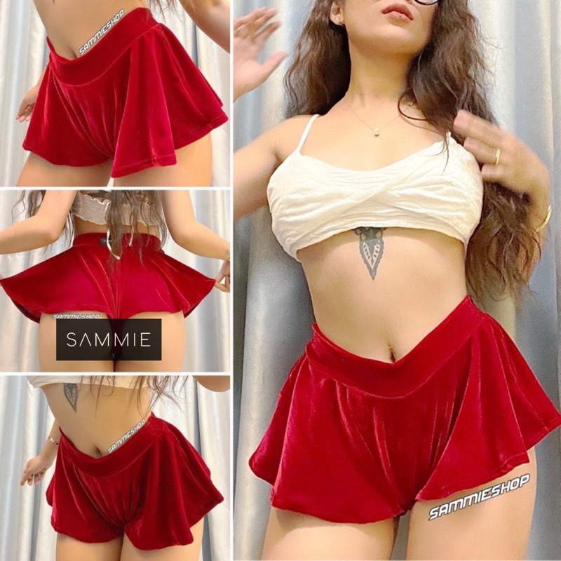 TWERK กระโปรงผ้ากํามะหยี่สีแดง นางรํา รูด ขาม้า กางเกงขาสั้นกระโปรงกํามะหยี่สีแดง