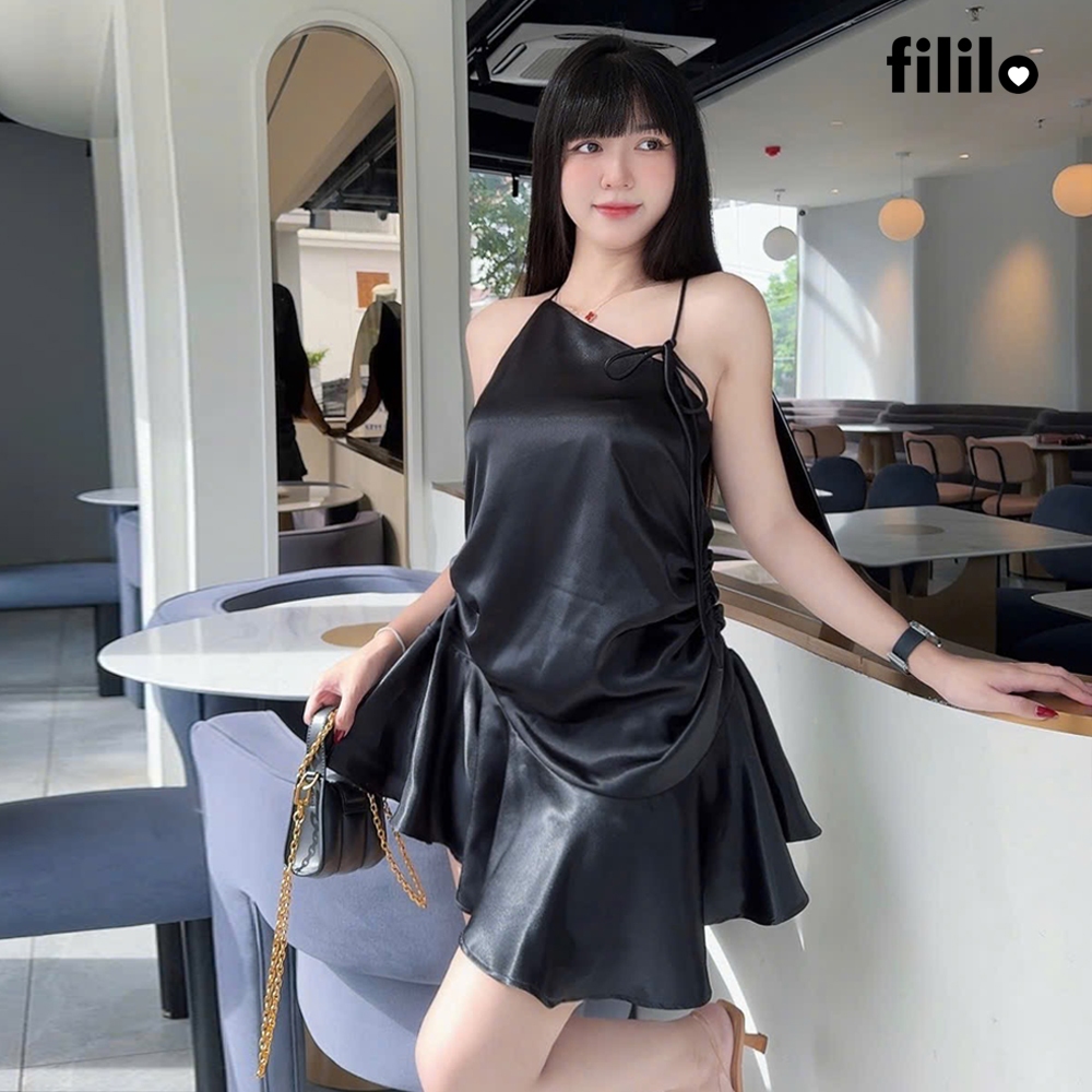 FILILO ชุดเดรสสั้นคอไขว้พร้อมเชือกรูดตรงรูปแบบ Eda ชุดเดรสคุณภาพสูงออกแบบปาร์ตี้