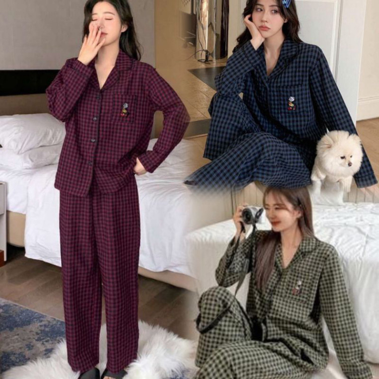 MICKEY CHECKED PYJAMA SET LONG SLEEVES LONG PANTS HOT 2025 ชุดใส่อยู่บ้านแขนยาวปักลายมิกกี้สุดน่ารัก