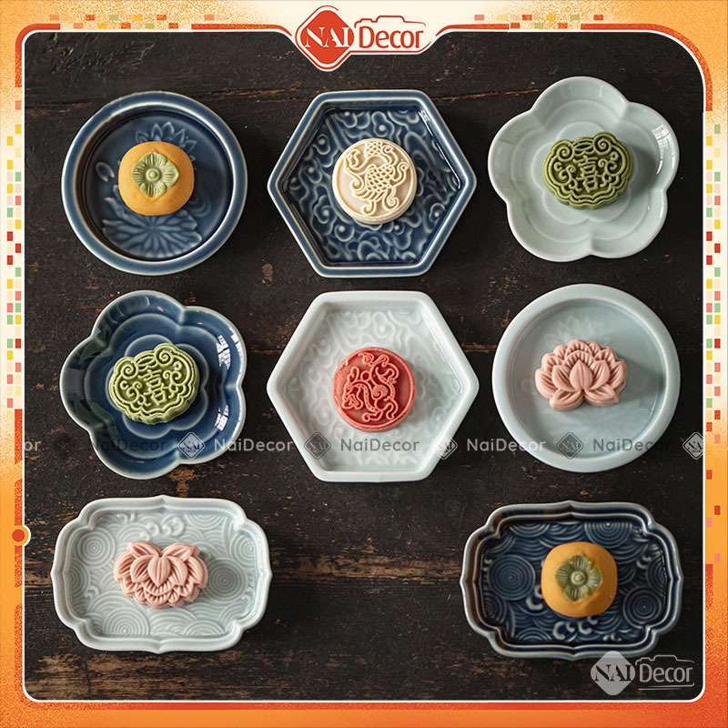 จานพอร์ซเลนญี่ปุ่นคลาสสิก (ขนาดเล็ก) Nai Decor อุปกรณ์ถ่ายภาพแสดงเค้ก, เค้กดวงจันทร์, เค้ก Puc Linh,