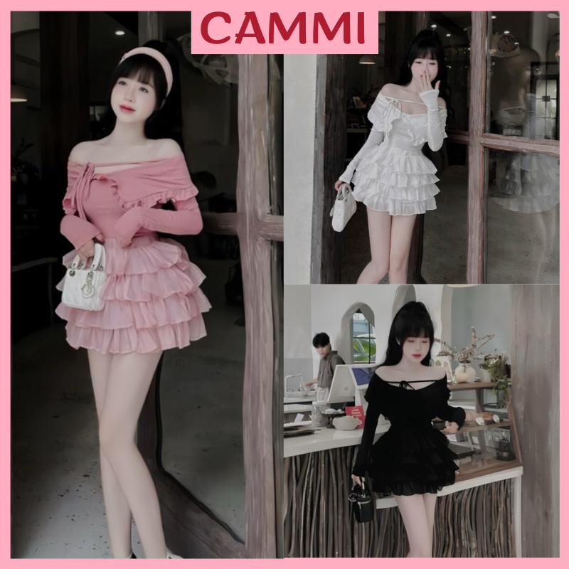 เสื้อปาดไหล่คอระบายผูกโบว์+กระโปรงระบายชีฟอง4ชั้น ชุดเซ็ทเลดี้สุดหรู HB488