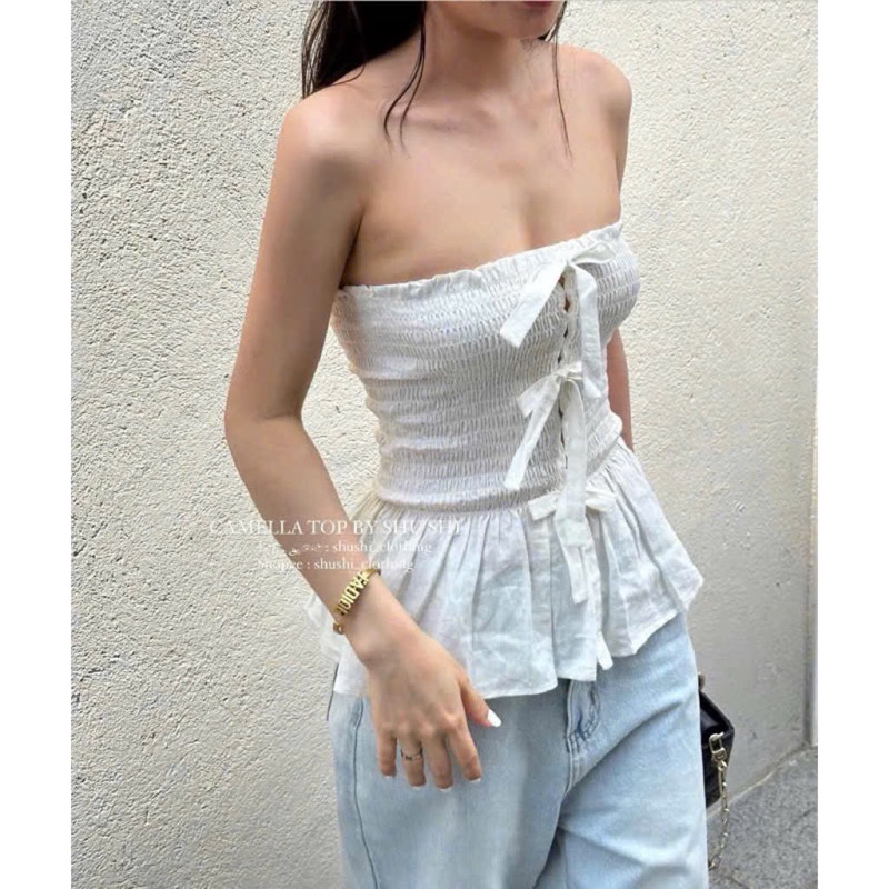 Camella Top - เสื้อลินิน Shrug พร้อมโบว์ 3 โบว์ (ภาพเดิม)