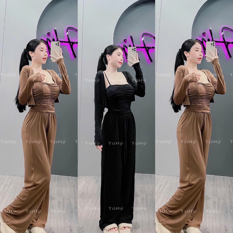 BHK2- ชุดเซ็ตผู้หญิง ชุดยางยืด 3 ชิ้น เสื้อคล้องคอมีอกเสริมฟองน้ํา เสื้อแจ็คเก็ตแขนยาว กางเกงทรงหลวม