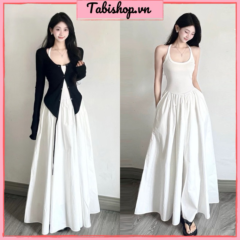 Tabishop เดรส 2 สาย maxy dress Set พร้อมแจ็คเก็ตคาร์ดิแกนแฟนซี เสื้อผ้าผู้หญิงขาวดํา เซ็ตหุ่นเนียน ปกปิดตําหนิสําหรับฤดูใบไม้ร่วงและฤดูหนาว