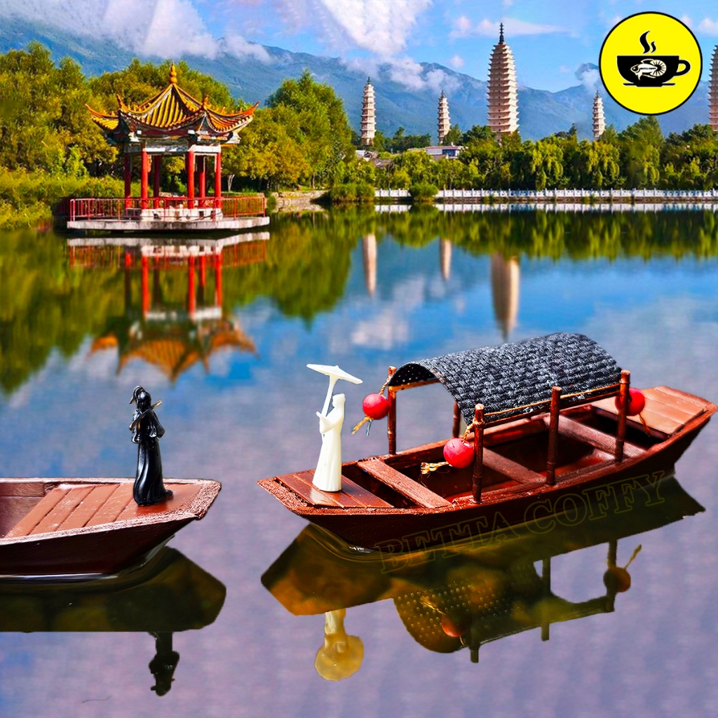 เรือรุ่นเลดี้ถือร่ม+ลอยเจียงหนานขลุ่ยเล่นถังปลา,ตกแต่งตู้ปลา-เรือขนาดเล็ก