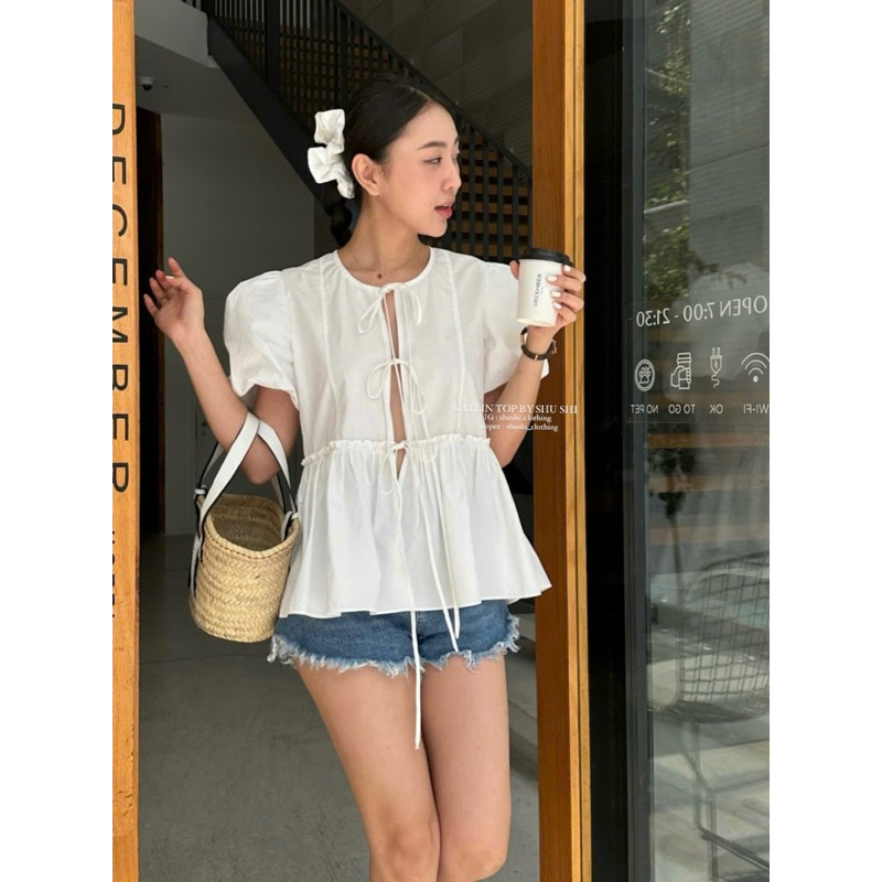 Katlin Top - เสื้อเชิ้ตแขนพัฟผ้าฝ้าย (รูปถ่ายเดิม)