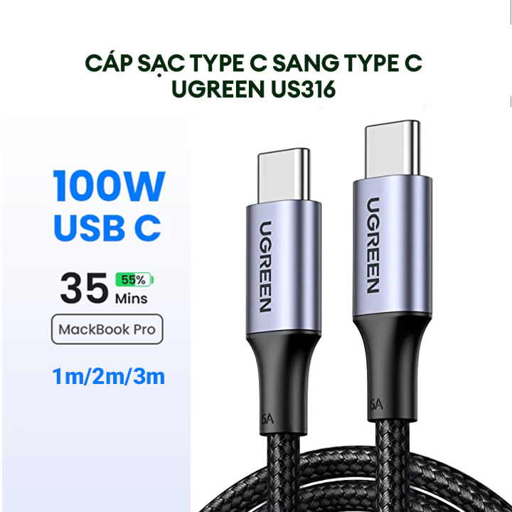 Ugreen 100W 60W Type-C สายชาร์จเร็ว 0.5m 1m 2m C ถึง C ร่ม 20V 5A iPhone, iPad คุณภาพสูง US316 US261