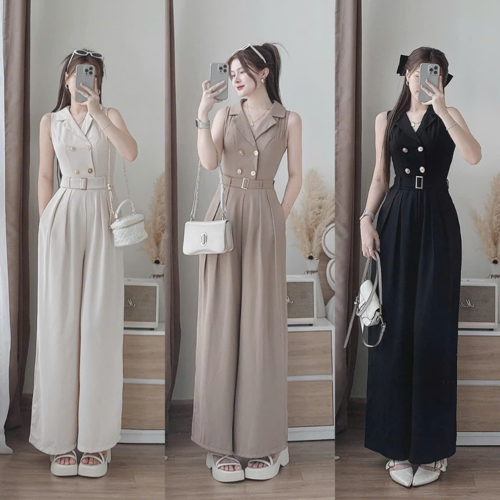 ชุดยาว-ชุดที่สง่างามที่ทําให้แบนขึ้นหุ่น3สีสวยมากชุดเสื้อกั๊กแขนกุดผ้าฝ้ายเย็นมีกระดุมและกางเกงหลวมยาวพร้อมเข็มขัด