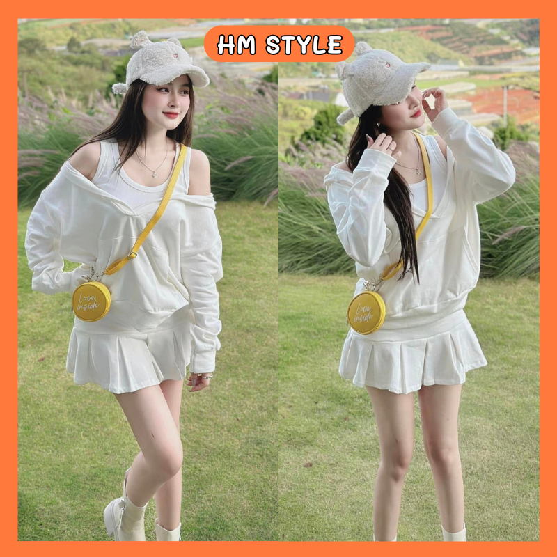 เดรส3ชิ้น เซทรวมเสื้อฮู้ดพร้อมขลุ่ยสามรูและกระโปรงจีบ HB103