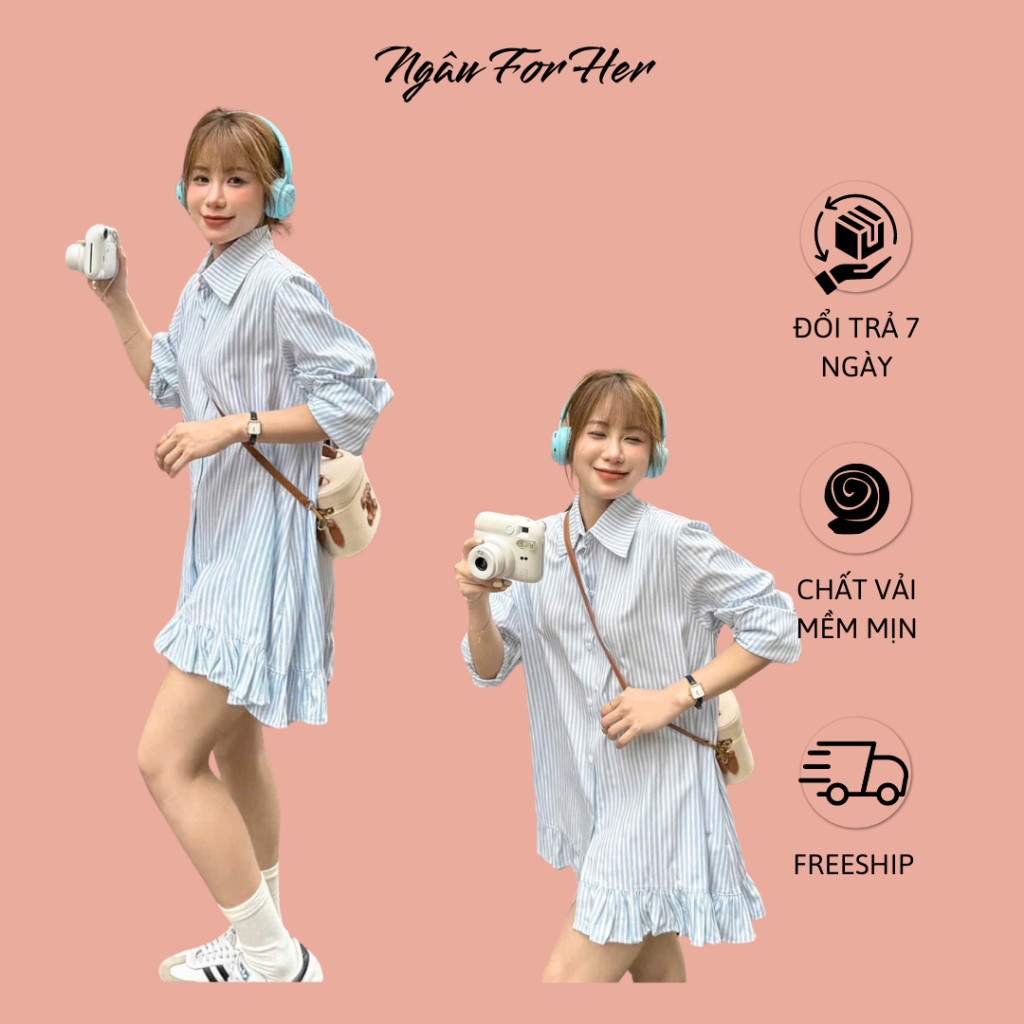 BABY AGI DRESS- เดรสเชิ้ต เบบี้ดอลล์ ลายทาง ชุดคอปกเสื้อเชิ้ตสีน้ําตาลสําหรับเธอ
