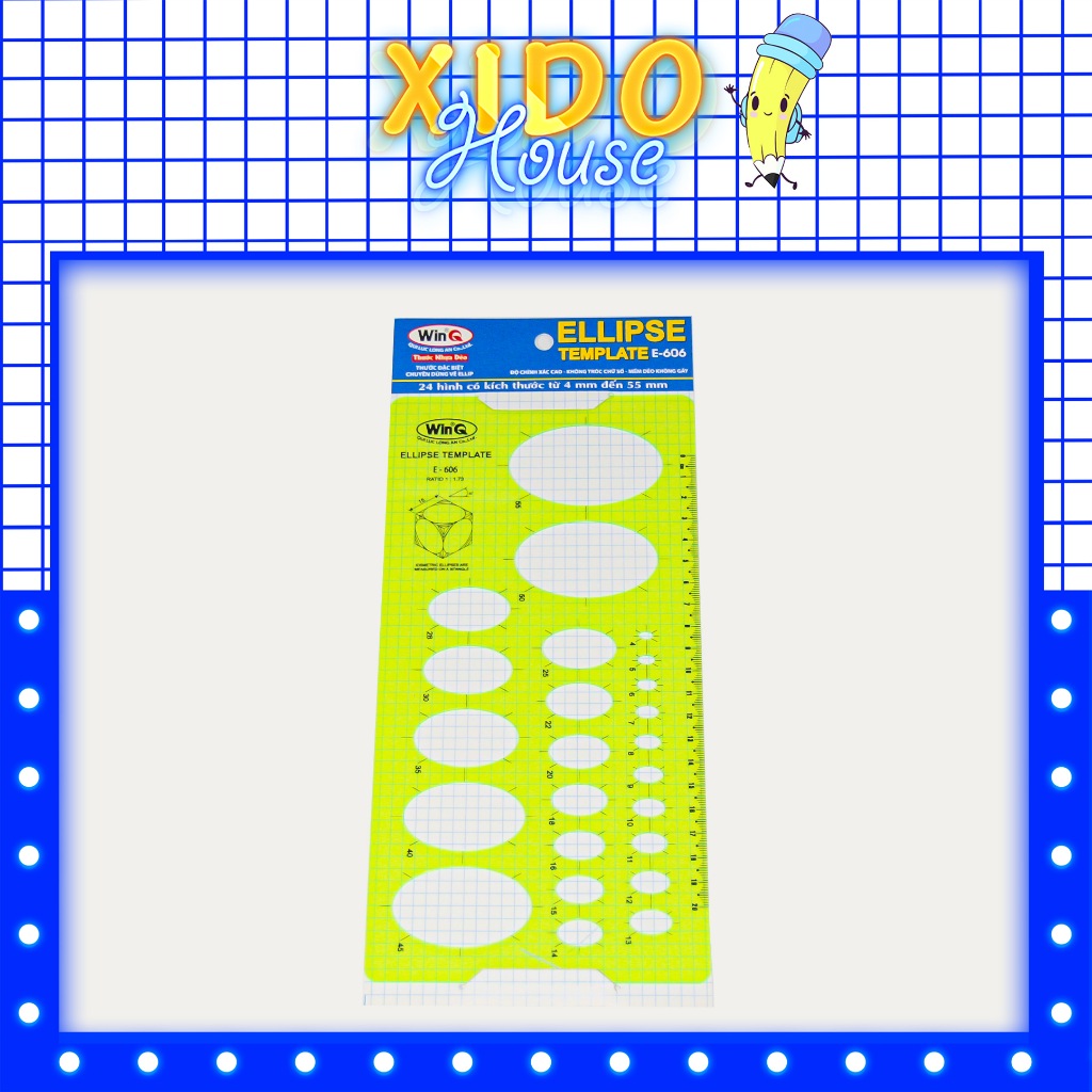 Thước hình học Ellipse WinQ E606, có 24 hình ellipse từ 4mm-55mm.