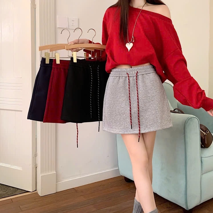 Sugal CV NU 063V1 แฟชั่นสั้นตรงเอว Drawstring Felt กระโปรง
