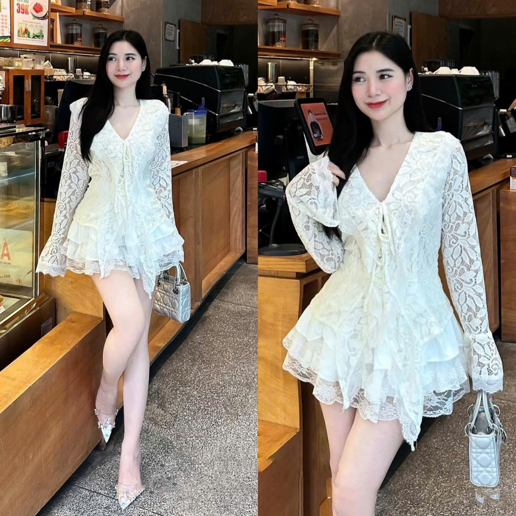 กระโปรงไหมพรมลูกไม้2ชั้น ชุดเซ็ทพร้อมเสื้อผูกโบว์คอวีแขนยาวสวยๆแบบเหมือนแบบ