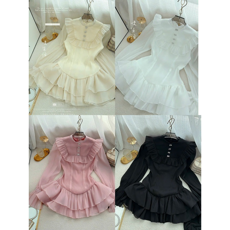 (BIG SIZE AVAILABLE) ชุดเดรสคอระบายแขนยาว 2 ขา พร้อมกางเกง (สินค้ามาตรฐานจากโรงงาน Xinh Cat)