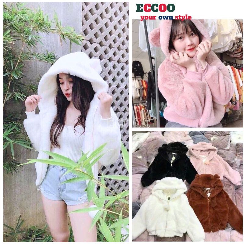 เสื้อแจ็คเก็ตผ้าฟลีซมีฮู้ดผู้หญิงพร้อมหมวกหูหมี นุ่มสุดๆ สุด ๆ อบอุ่น เสื้อโค้ทผ้าฝ้ายเกาหลี - เอคโก้