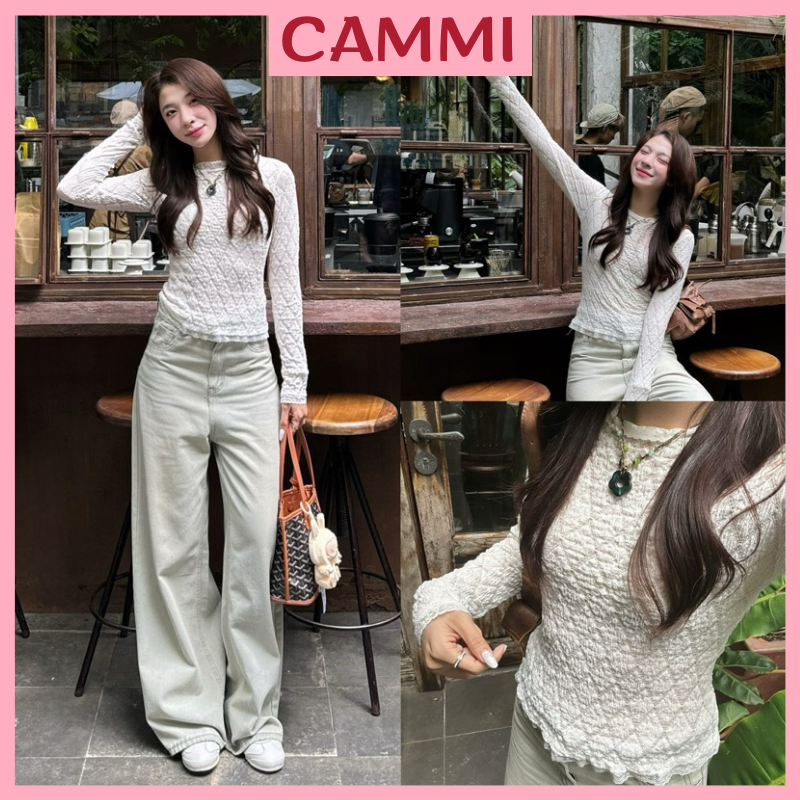 Rela TOP Foam เสื้อกันหนาวลูกไม้แขนยาวลายที่เต็มไปด้วยสีครีมอ่อนผสมได้ง่าย HA398