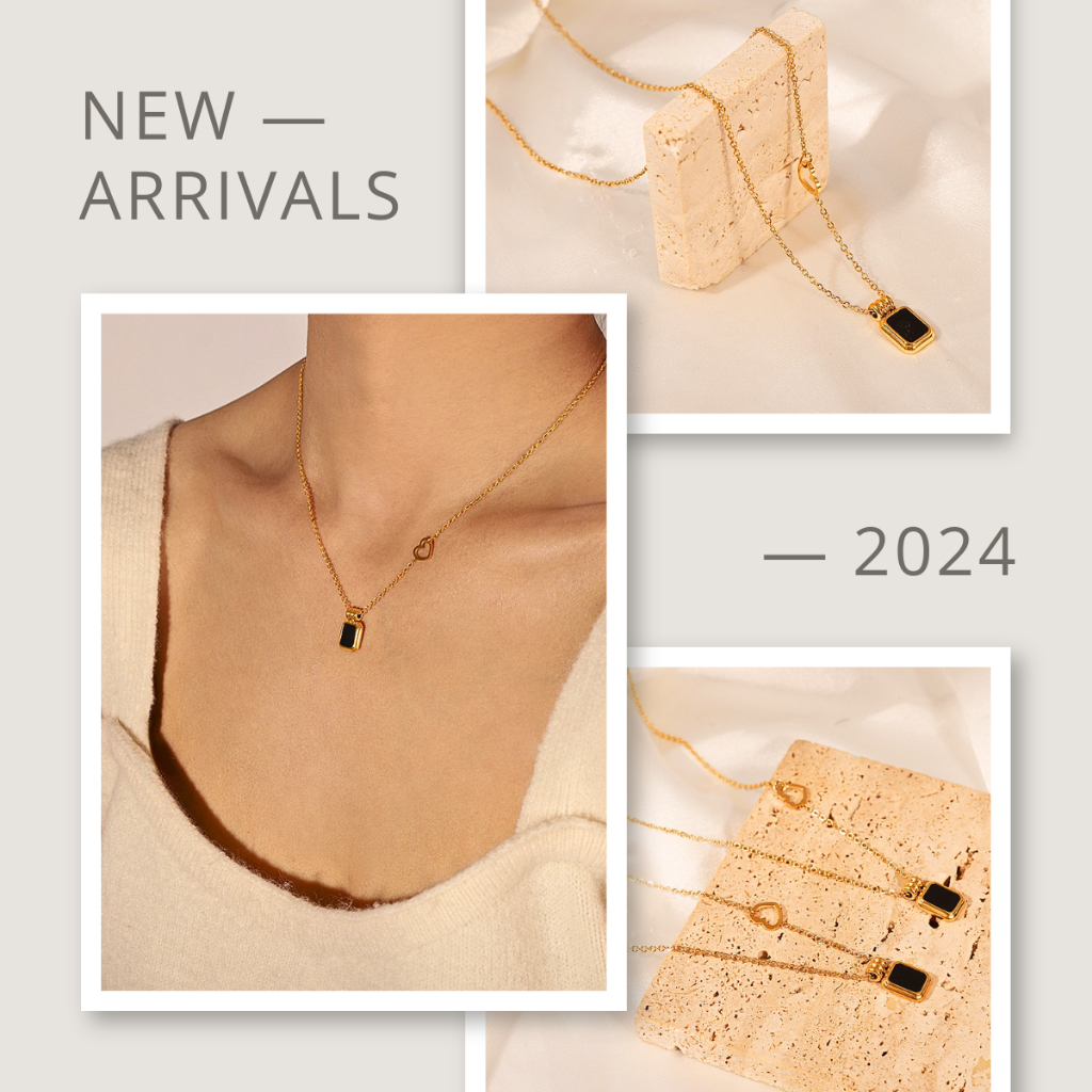 KL.STUDIO สร้อยคอไทเทเนียมพร้อมสร้อยคอไทเทเนียมหินสีดําสี่เหลี่ยมเคลือบทองหัวใจสีดําหรูหรา - N82