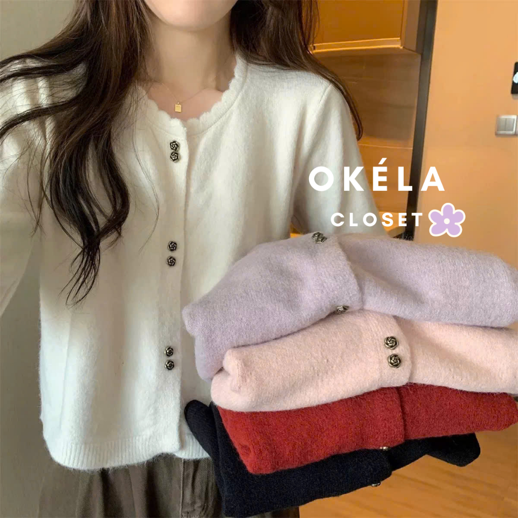Okélla คาร์ดิแกนกระดุมดอกไม้กระดุมสองแถวพื้นฐานหลากสี (สินค้า QC หนา)