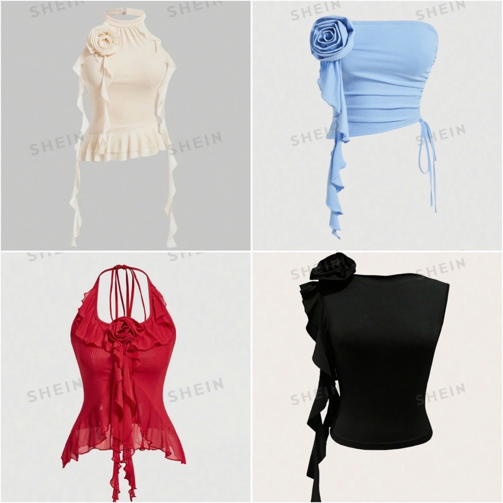 (READY GAGO BE XS - BUY BACK 1 SIZE COMPARED TO NORMAL WEAR - SHEIN) GAGA TOP - เสื้อครอปดอกไม้พู่บุ