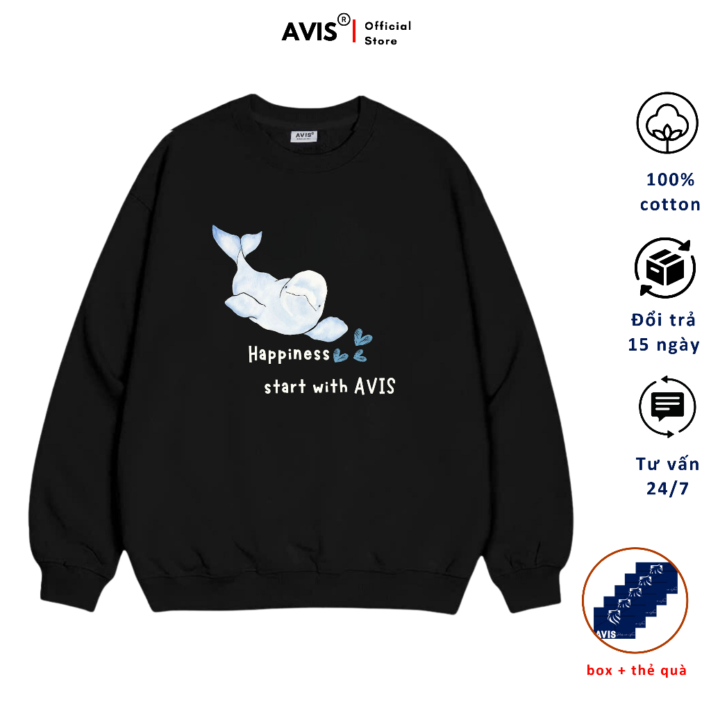 Happiness Loose Form Sweater Local Brand AVIS Cotton Fleece Material Round Neck Long Sleeve T-shirt - AVIS1028