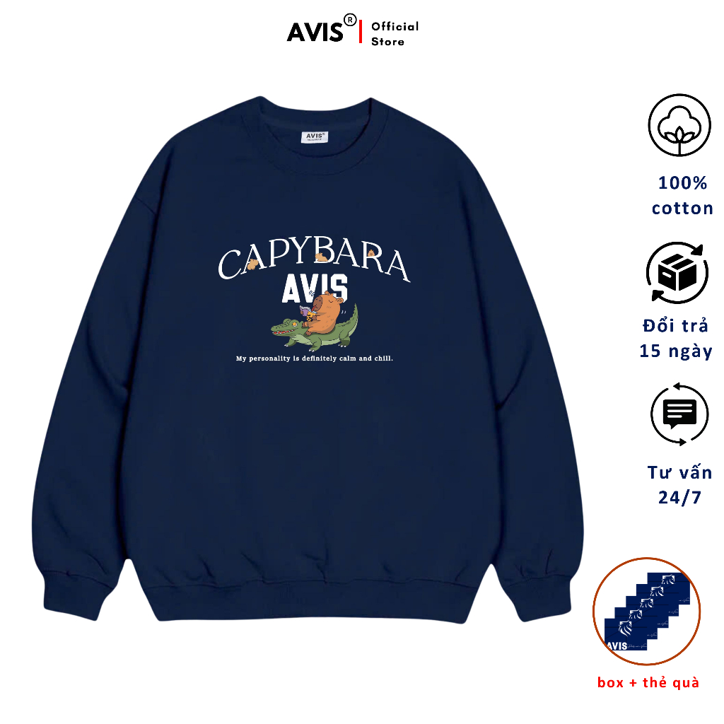Capybara เสื้อกันหนาวทรงหลวมแบรนด์ท้องถิ่น AVIS ผ้าฝ้ายขนแกะวัสดุรอบคอเสื้อยืดแขนยาว - AVIS1027
