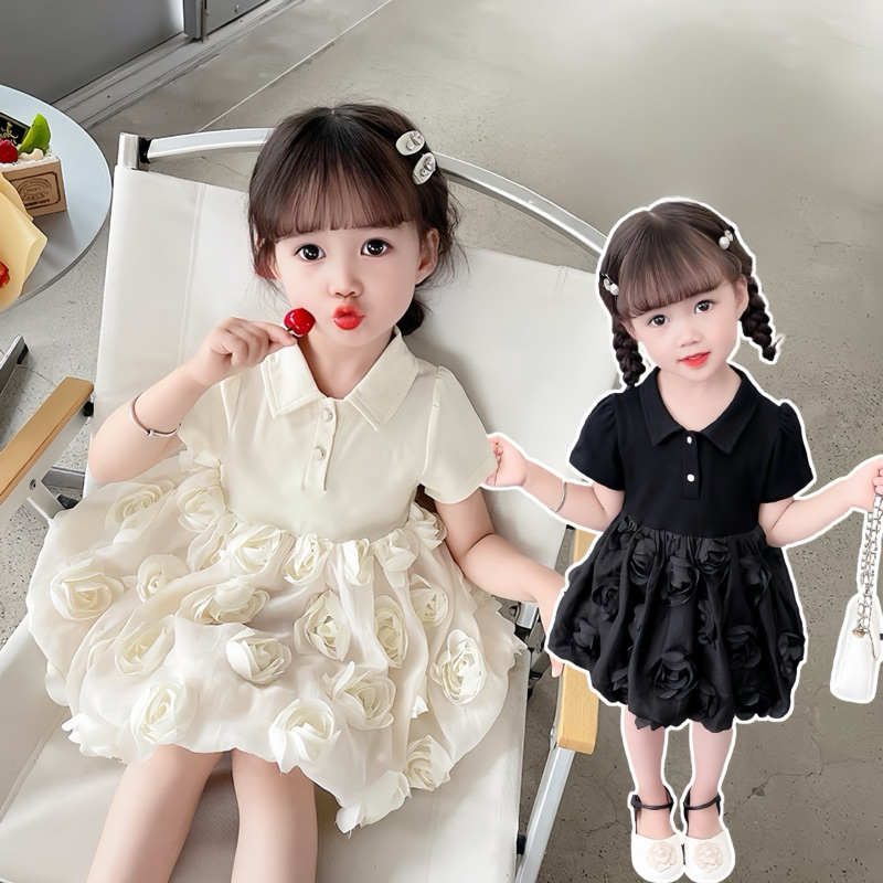 ชุดเดรสกุหลาบสําหรับเด็กผู้หญิงผ้าฝ้าย8-20กิโลกรัมสองสีสีดํา+สีเบจขาว
