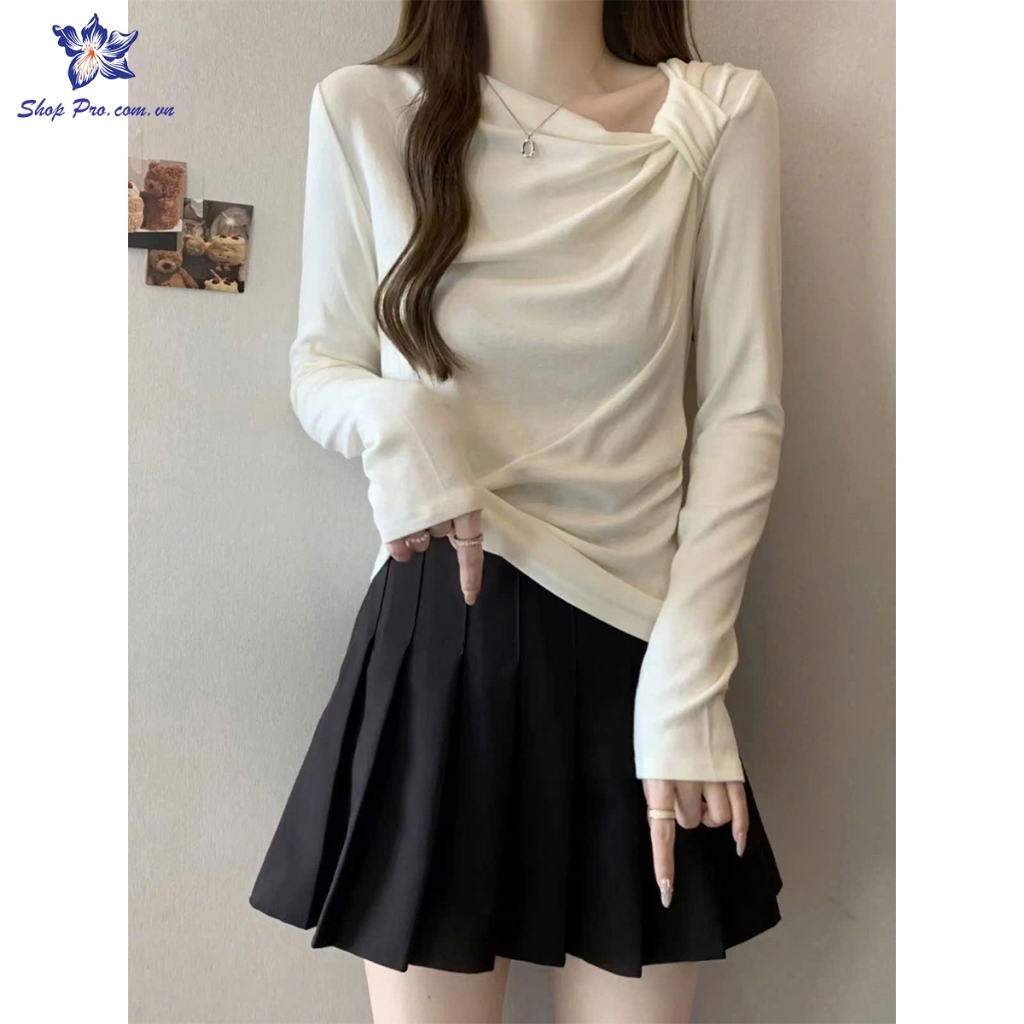 Off-the-Shoulder Twisted ข้อมือเสื้อแขนยาวผ้าฝ้ายบุคลิกภาพ Lady QC Shop Pro PZ98