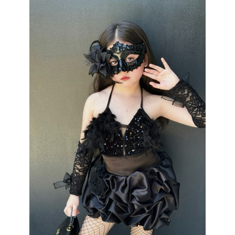 READY - (DESIGNER) ชุดออกงานสีดํา ชุดขนนกสําหรับเด็กผู้หญิง 7-40kg (INCLUDED MASK)
