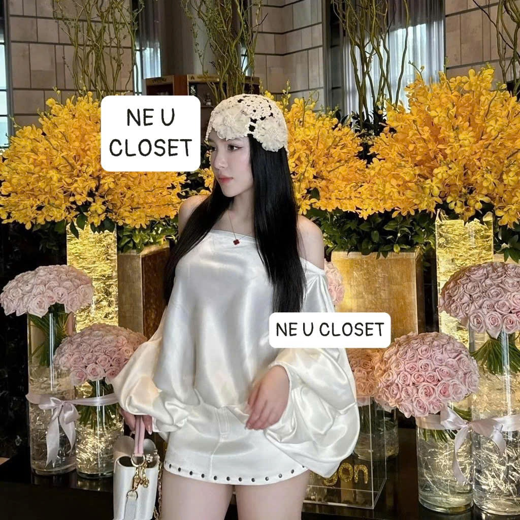 ชุดเสื้อไหมพรมเปิดไหล่แขนพอง กระโปรงทรงเอ ปาดไหล่ สไตล์ฤดูใบไม้ร่วง พร้อมส่ง